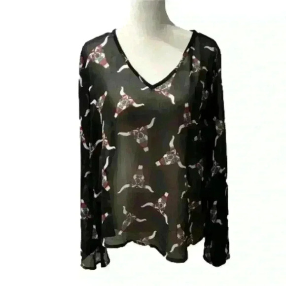 Wrangler Tops - Wrangler Cow Bull Skull Sheer Bell Sleeve Blouse
